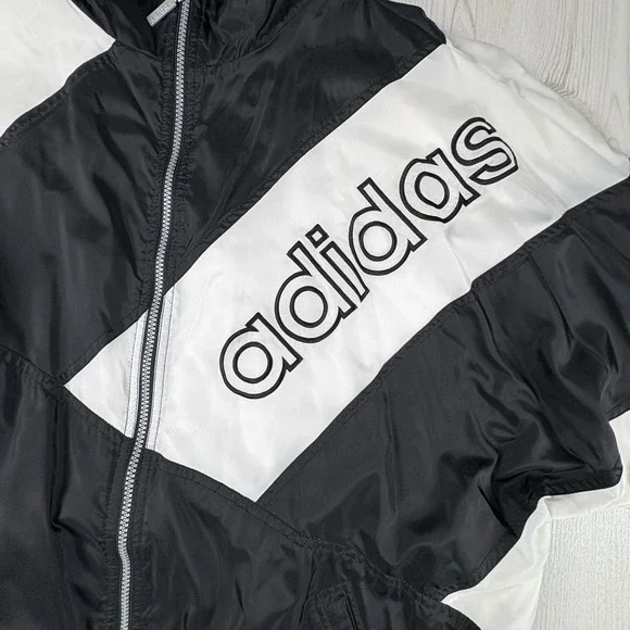 VNTG 90s Adidas Jacket Men XXL Black & White Striped Bold "adidas" Color Block - Picture 4 of 12
